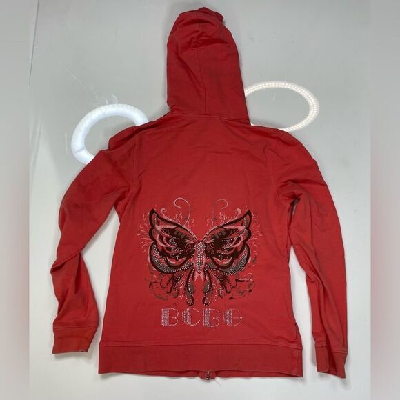 BCBG Butterfly Rhinestones Full Zip Hoodie Women Small Salmon Pink Y2K - Picture 1 of 12